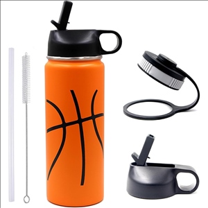 18 oz Basketball Water Bottle, Sports Flask Metal Travel Tumbler with 2 Lids, Stainless Steel Double